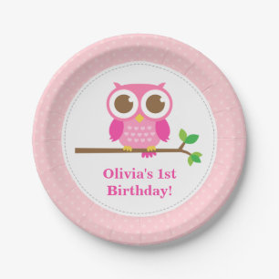 Pink Polka Dots Cute Owl Birthday Party Paper Plate