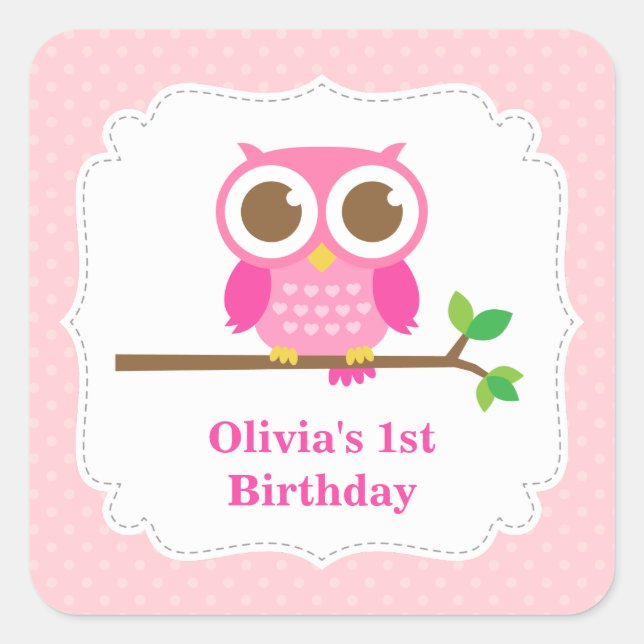 Pink Polka Dots Cute Owl Birthday Party Square Sticker (Front)