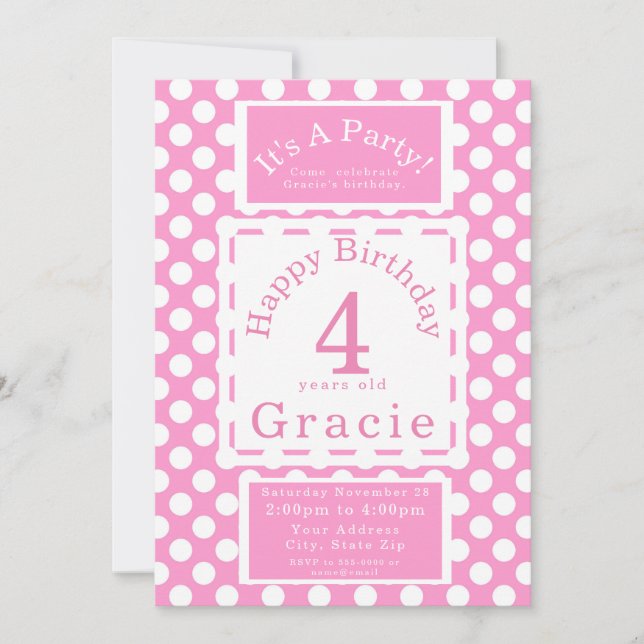 Pink Polka Dots Girls Birthday Party Customisable Invitation (Front)