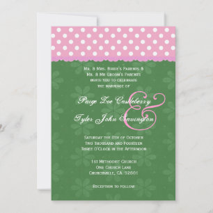 Pink Polka Dots Green and Ribbon Edge Wedding Invitation