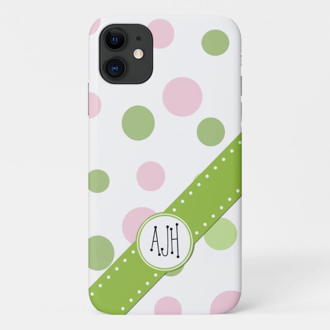 Pink Polka Dots, Green Polka Dots, Monogram Case-Mate iPhone Case (Back)