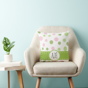 Pink Polka Dots, Green Polka Dots, Monogram Cushion