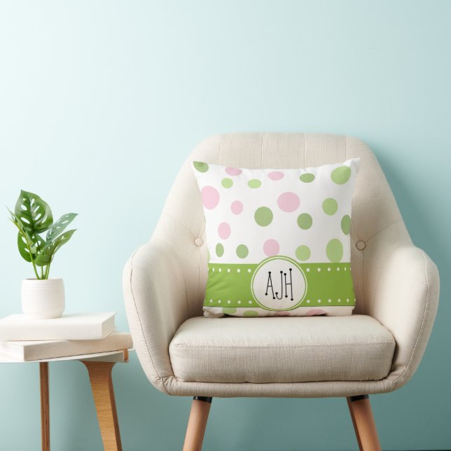 Pink Polka Dots, Green Polka Dots, Monogram Cushion (Chair)