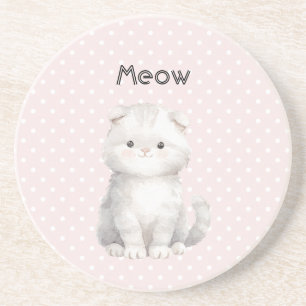 Pink Polka Dots Grey White Cute Kitty Cat Coaster