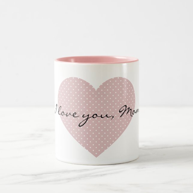 Pink Polka Dots Heart Two-Tone Coffee Mug (Center)