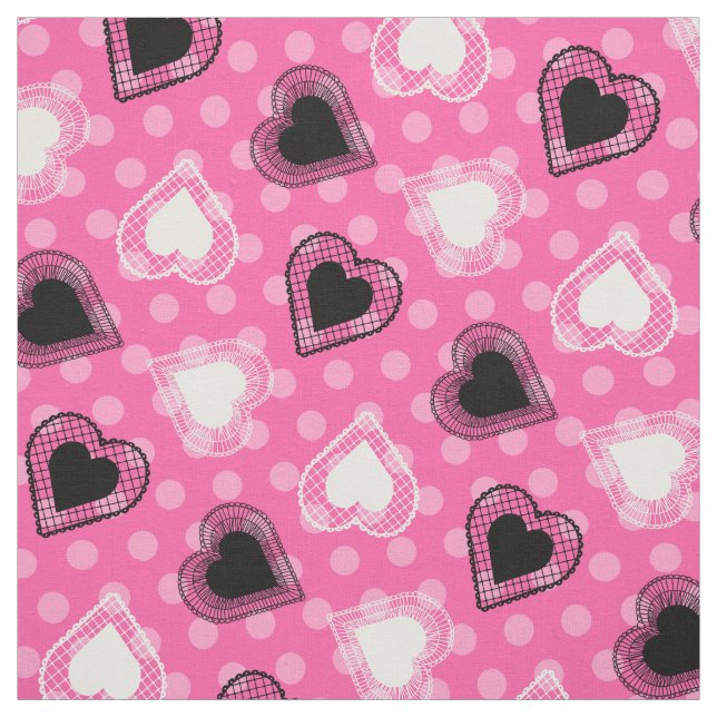 Pink Polka Dots Lace Hearts Fabric (Swatch)