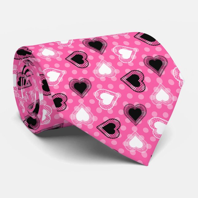 Pink Polka Dots Lace Hearts Tie (Rolled)