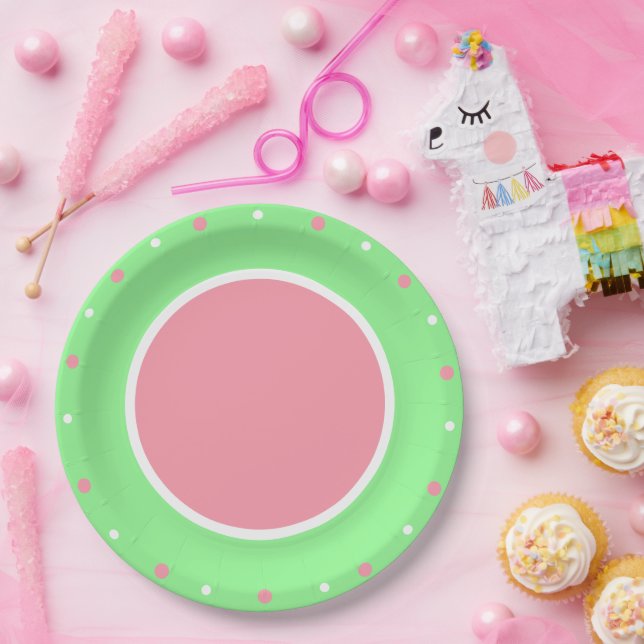 Pink Polka Dots Mint Green Paper Plate (Party)