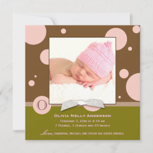 Pink Polka Dots Monogram Baby Girl Photo Birth Announcement