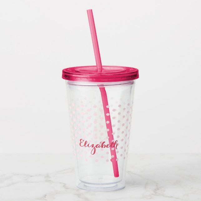 Pink Polka Dots Monogram Kids Girls Birthday Party Acrylic Tumbler (Left)