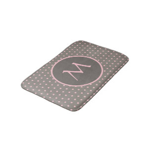Pink polka dots monogrammed grey bath mat