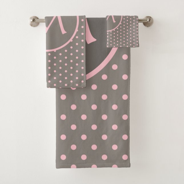 Pink polka dots monogrammed grey bath towel set (Insitu)
