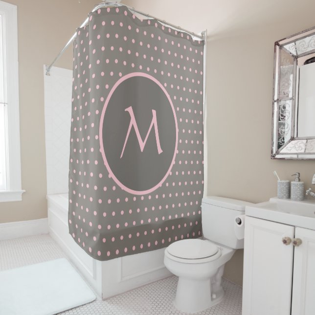 Pink polka dots monogrammed grey shower curtain (In Situ)