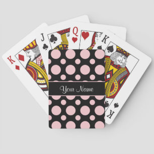 Pink Polka Dots On Black Background Playing Cards