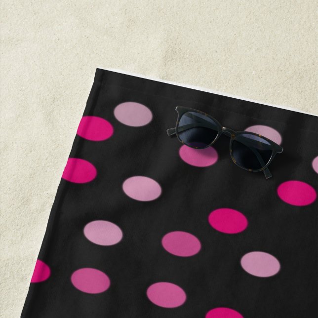 Pink Polka Dots on Black Beach Towel (In Situ)