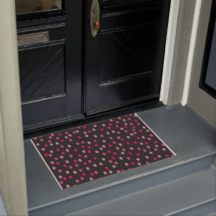 Pink Polka Dots on Black  Doormat