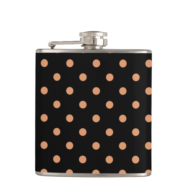 Pink polka dots on black hip flask (Front)