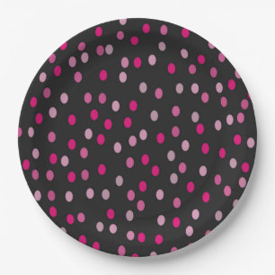 Pink Polka Dots on Black Paper Plate