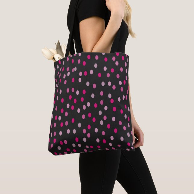 Pink Polka Dots on Black Tote Bag (Close Up)
