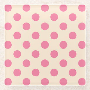 Pink polka dots on cream glass coaster