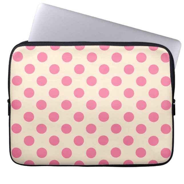 Pink polka dots on cream laptop sleeve (Front)