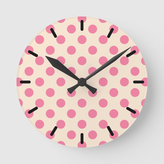 Pink polka dots on cream round clock (Front)
