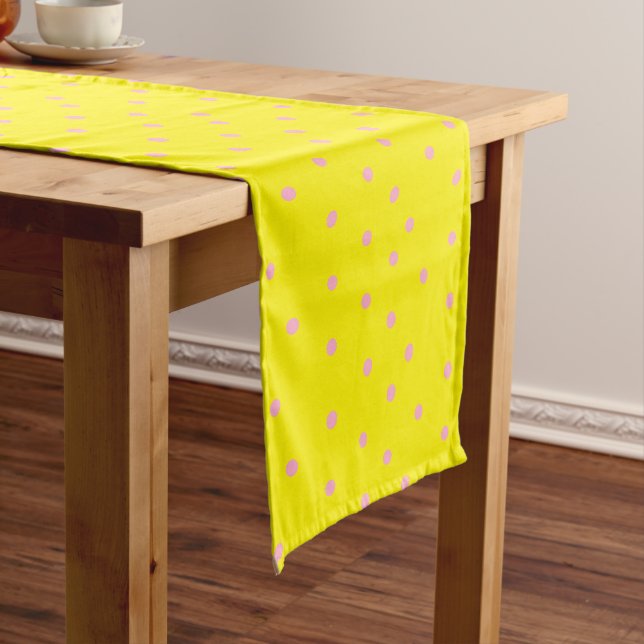 Pink polka dots on yellow  short table runner (In Situ)