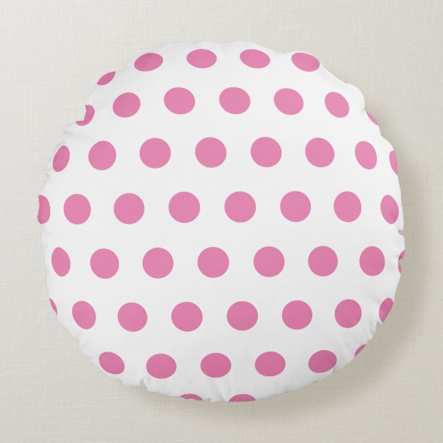 Pink polka dots pattern on white round pillow (Front)