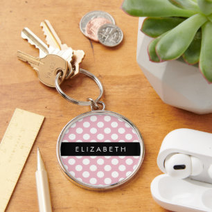 Pink Polka Dots, Polka Dot Pattern, Your Name Key Ring