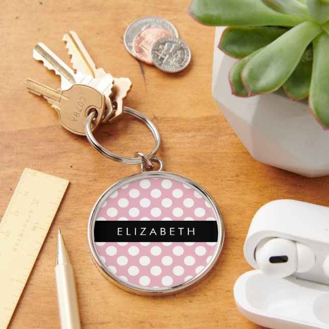 Pink Polka Dots, Polka Dot Pattern, Your Name Key Ring (Desk)