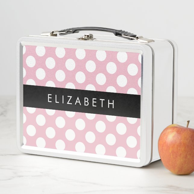 Pink Polka Dots, Polka Dot Pattern, Your Name Metal Lunch Box (In Situ)