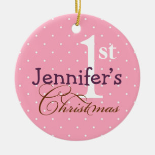 Pink  polka dots purple name baby first holiday ceramic tree decoration