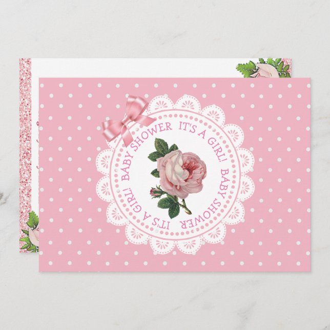 Pink Polka Dots Rose Girl's Baby Shower Invitation (Front/Back)