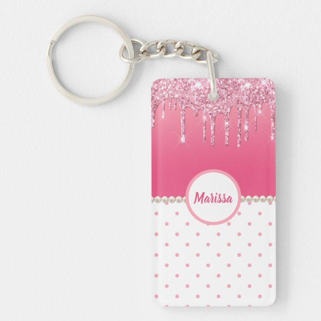 Pink Polka Dots & Silver Glitter Drip Personalised Key Ring (Front)