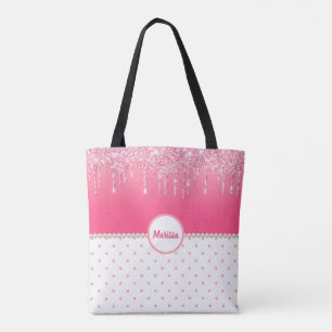 Pink Polka Dots & Silver Glitter Drips Monogrammed Tote Bag