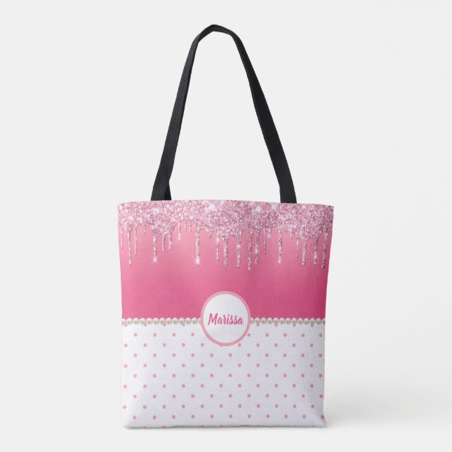 Pink Polka Dots & Silver Glitter Drips Monogrammed Tote Bag (Back)