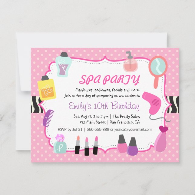 Pink Polka Dots Spa Birthday Party Invitation (Front)