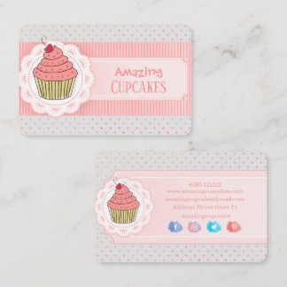 Pink Polka Dots Stripes Cupcake Business Card