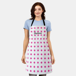 Pink Polka Dots White Black Custom Name Stylish Apron