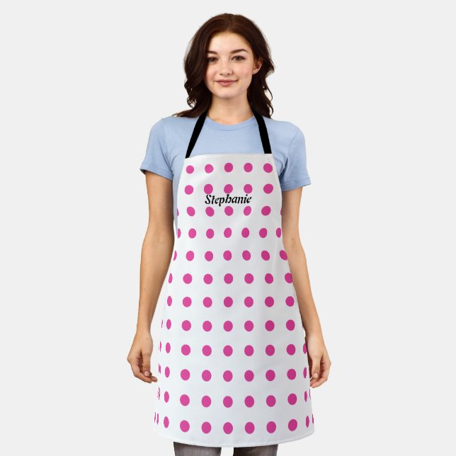 Pink Polka Dots White Black Custom Name Stylish Apron (Worn)