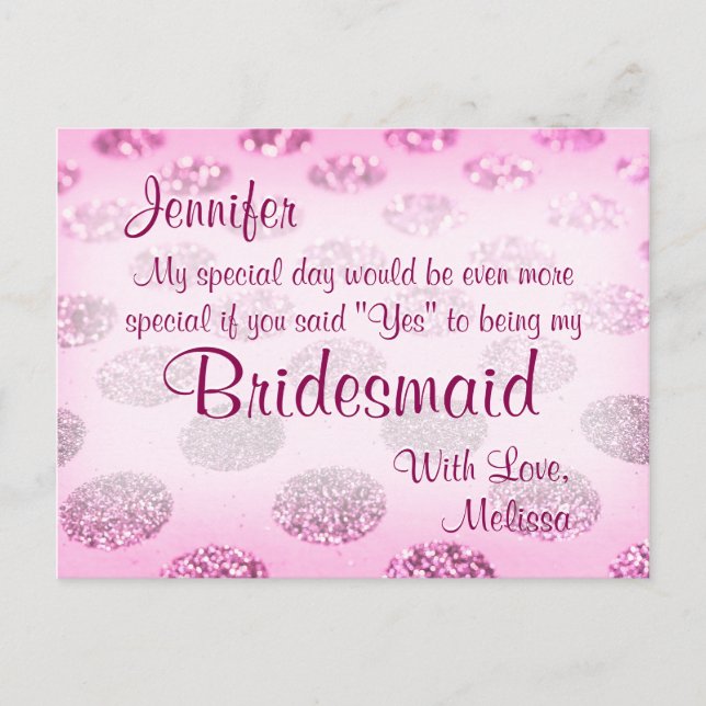 Pink Polka Dots | Will You Be My Bridesmaid? Invitation Postcard (Front)