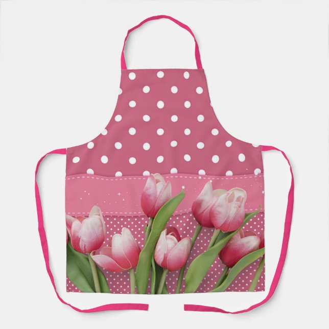 Pink Polka Dots with Pretty  Pink Tulips, Apron (Front)