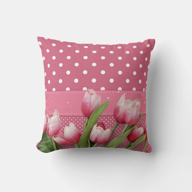 Pink Polka Dots with Pretty  Pink Tulips,  Cushion (Front)