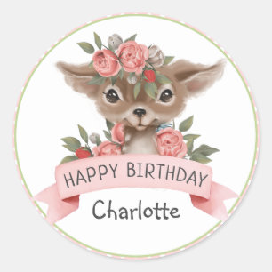 Pink Polka Dots Woodland Deer Birthday for Girl Classic Round Sticker