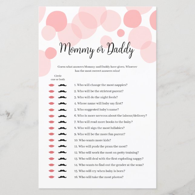 Pink Polka Girl Baby Shower Mummy or Daddy Game (Front)