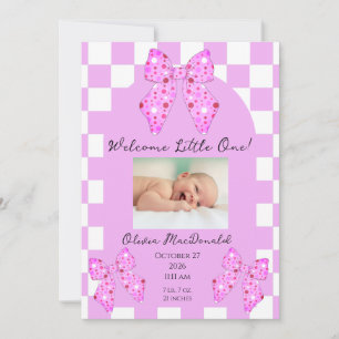Pink polkadot bow gingham plaid birth announcement