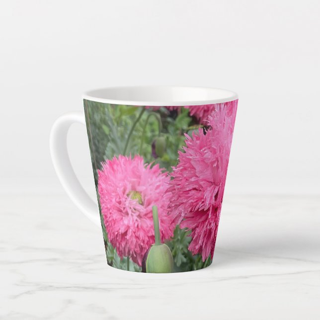 Pink Pom Pom Poppies Latte Mug (Left Angle)