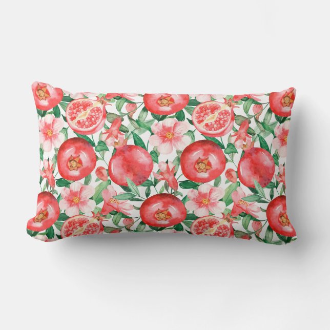 Pink Pomegranate Fruit and Bloom Lumbar Pillow  (Front)