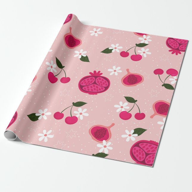 pink pomegranate fruit cherry floral daisy wrapping paper (Unrolled)