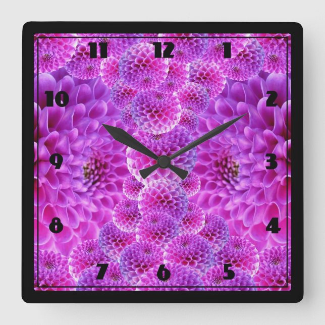 Pink PomPom Dahlia Flowers Square Wall Clock (Front)
